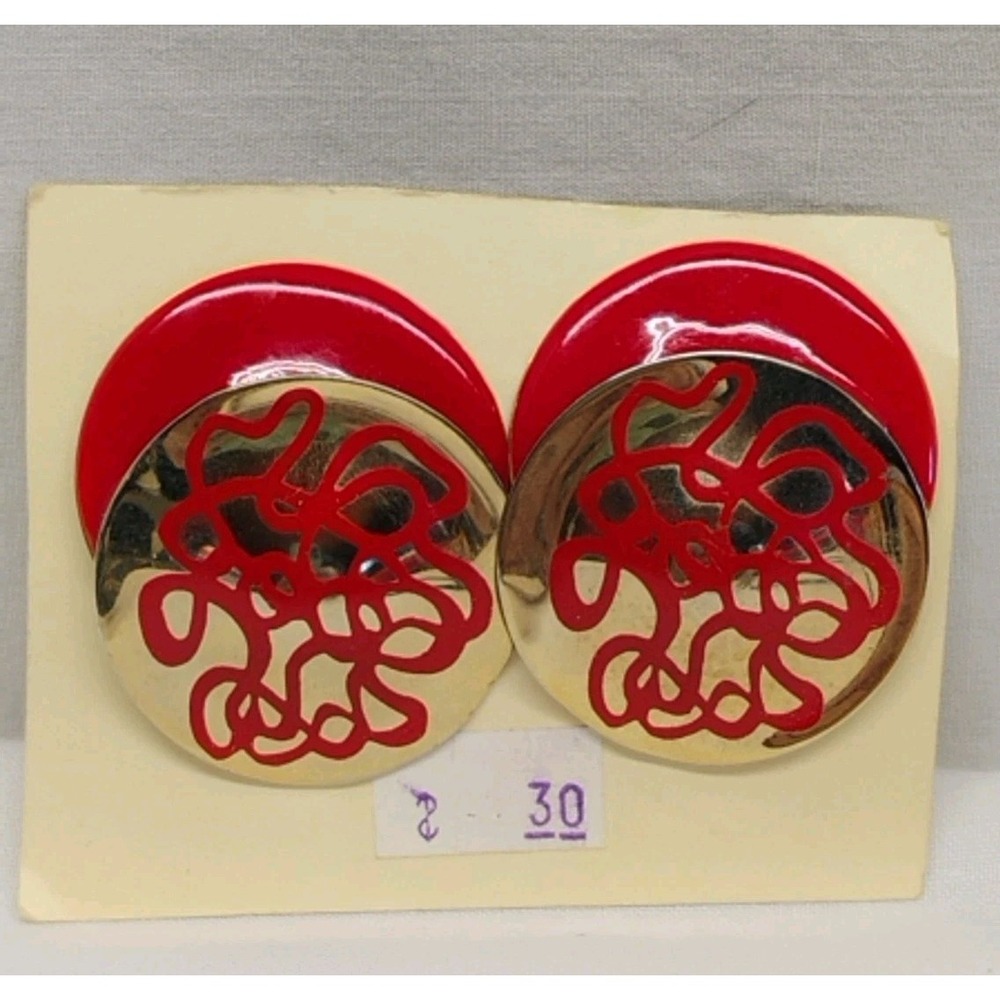 Vintage Women's Clip On Earrings Two Tone Gold/Red Fashion Statement Earrings